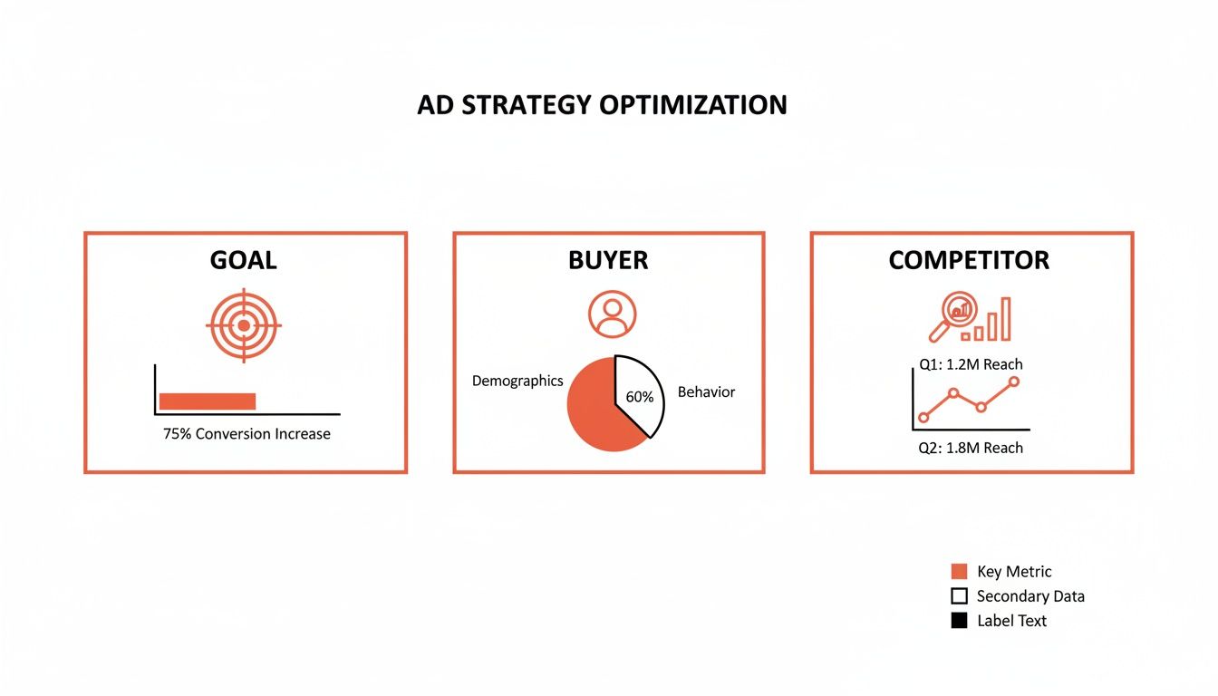 Ad strategy optimization graphic detailing goals, buyer demographics, and competitor reach metrics.