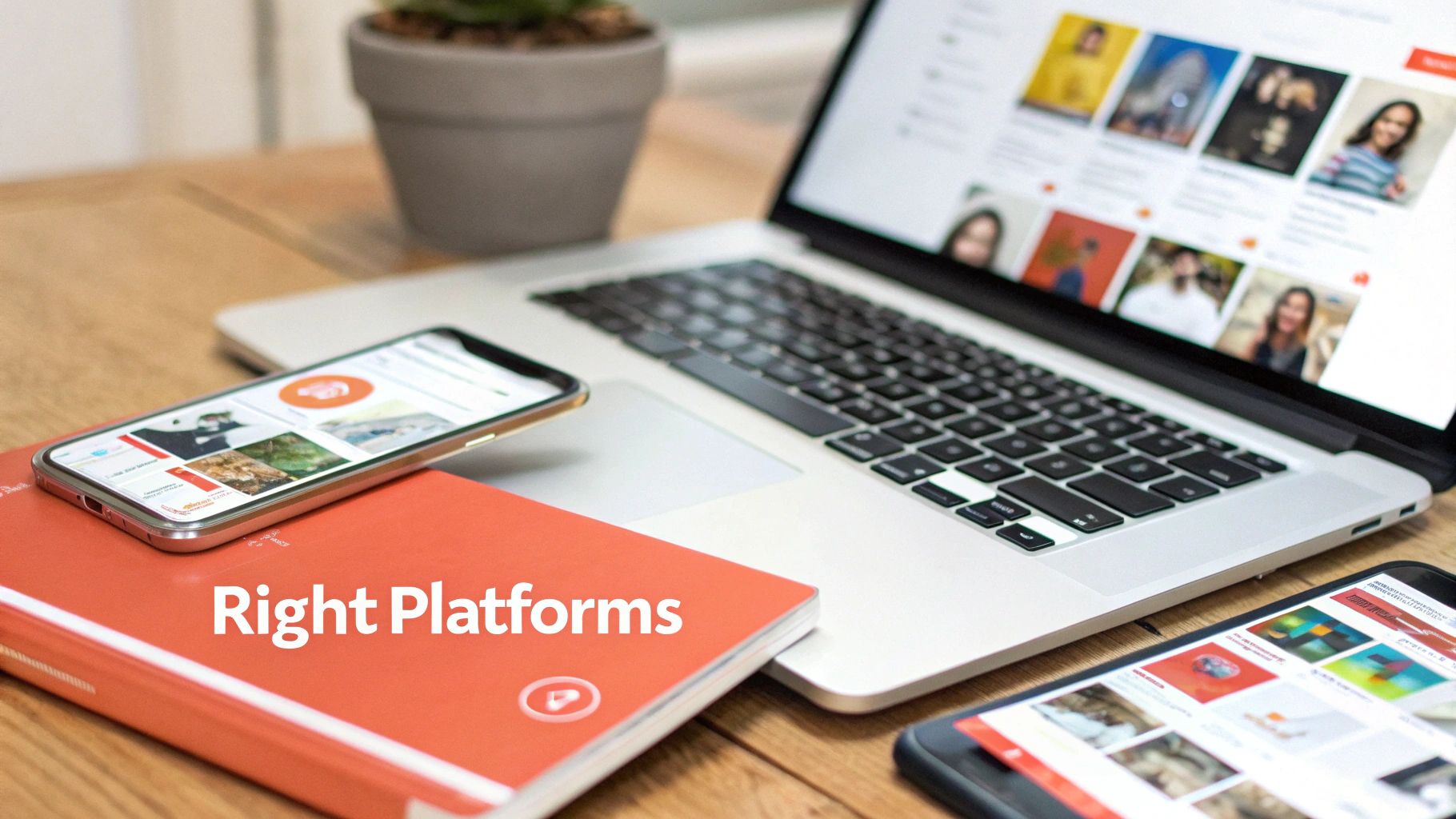 A close-up view of a laptop, two smartphones, and a book displaying digital content on a wooden table.