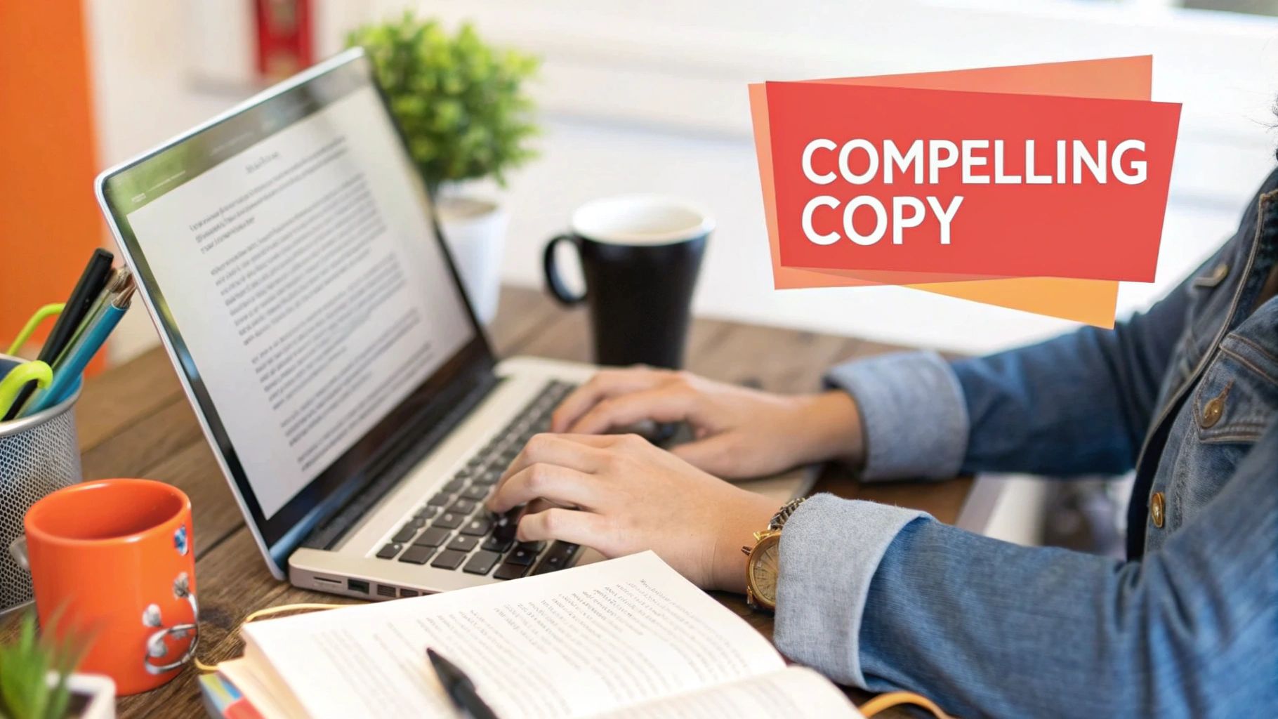 Person typing on a laptop with 'Compelling Copy' text, surrounded by office items.