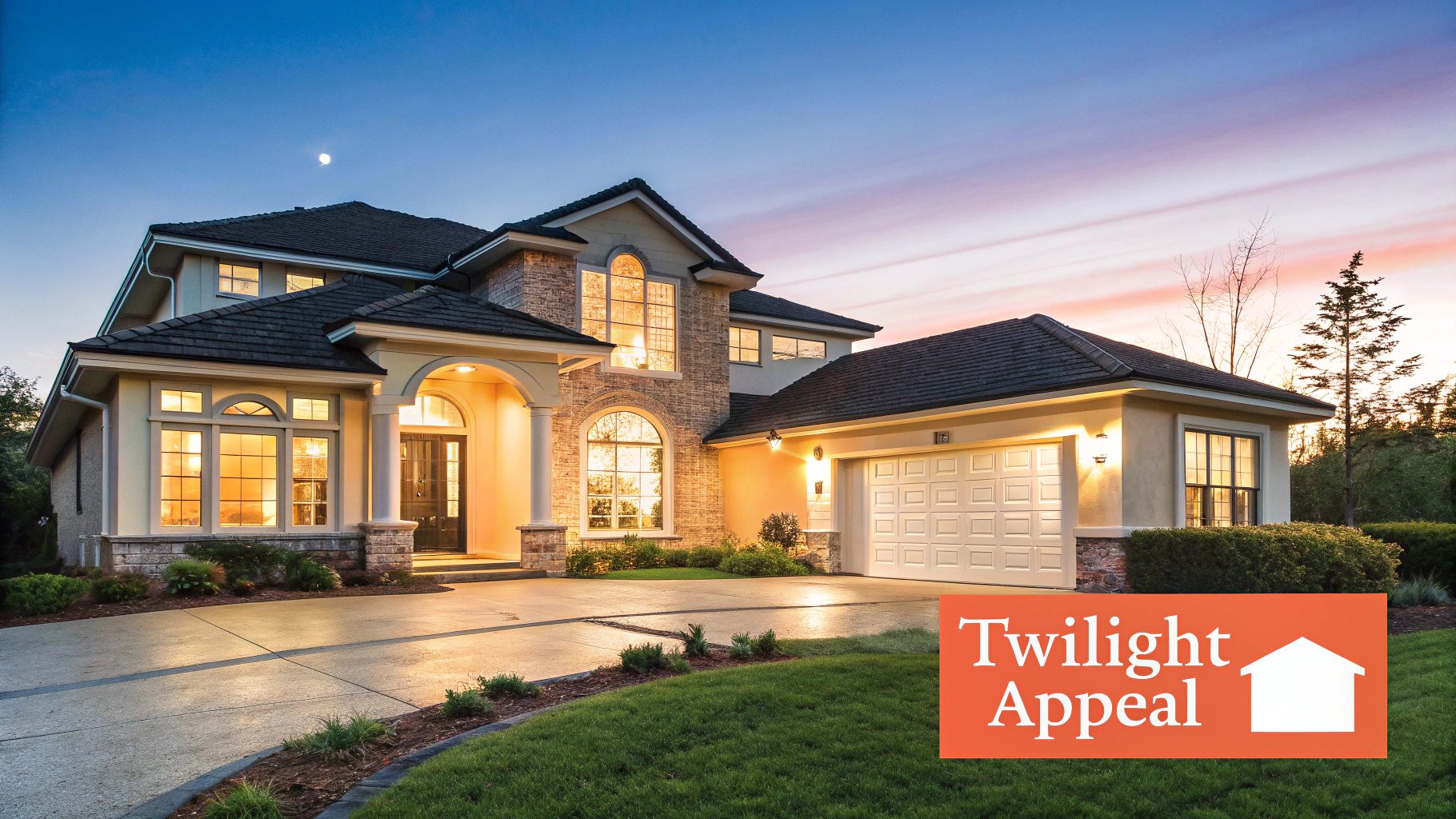 A luxurious house at twilight with glowing interior lights, an illuminated driveway, and a well-maintained lawn.
