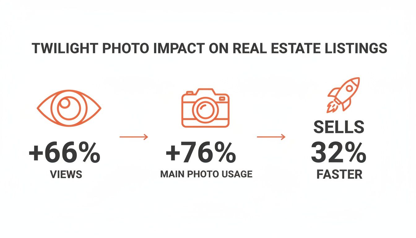 Infographic: Twilight photos boost real estate listings with 66% more views, 76% main photo usage, and 32% faster sales.