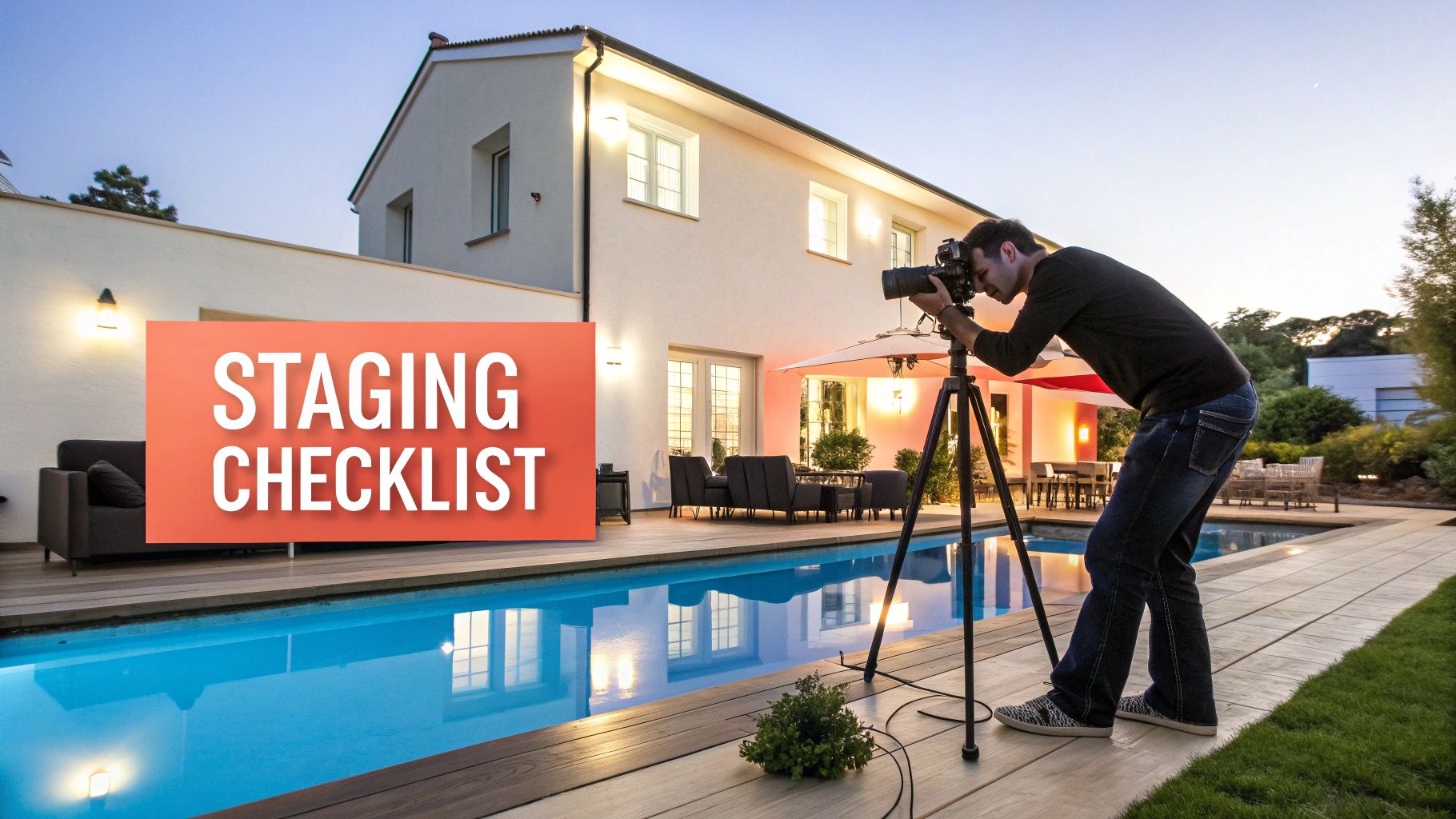 A photographer shoots a modern house with a pool at twilight, next to a 'Staging Checklist' graphic.