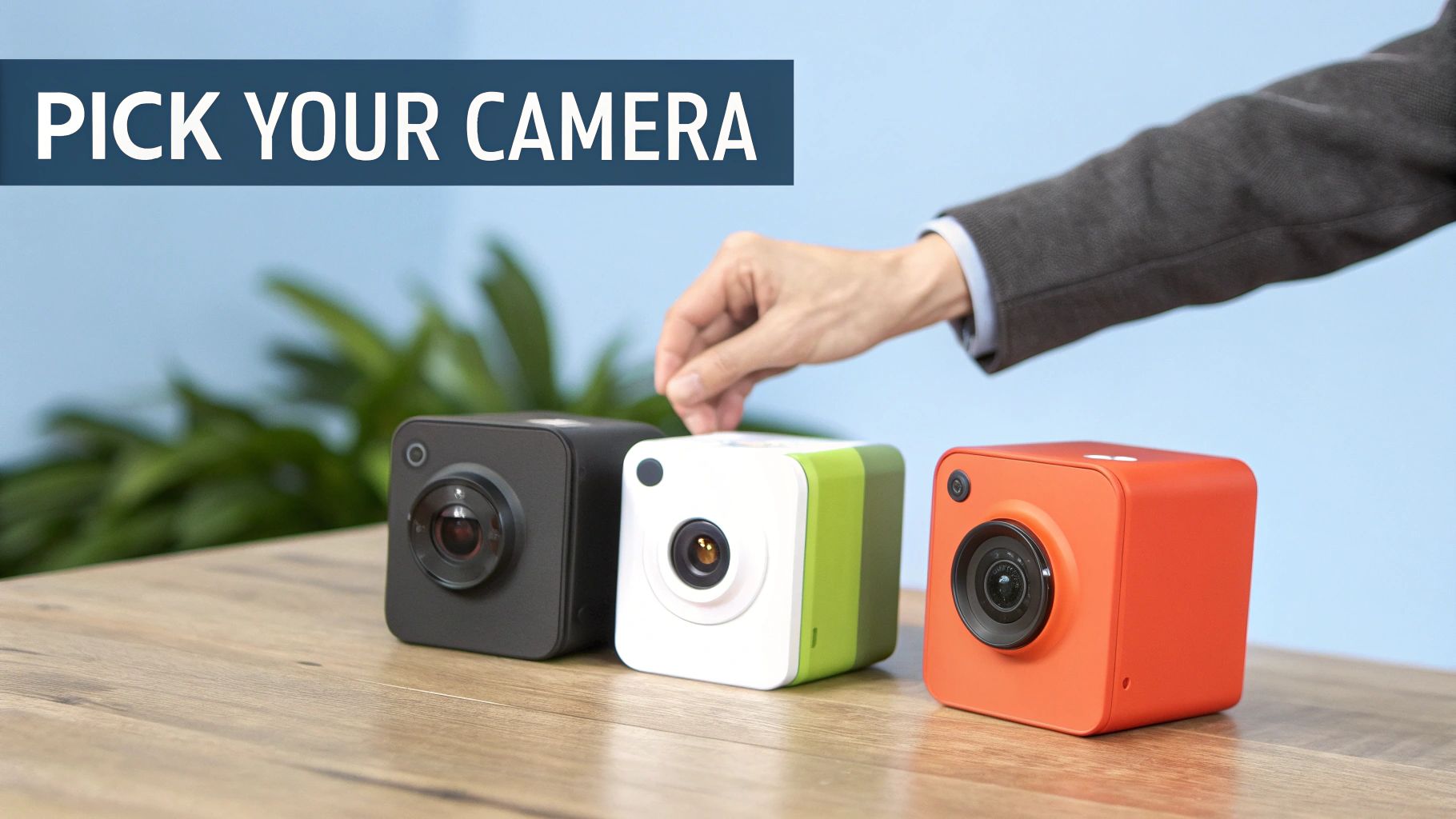 A hand reaches for one of three colorful cube cameras (black, white, orange) on a wooden table.