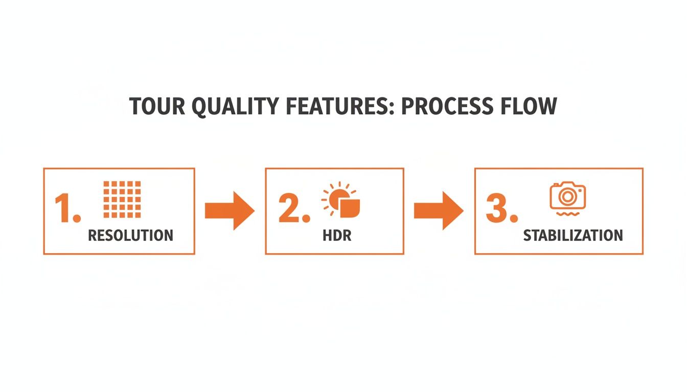 Process flow diagram outlining tour quality features: Resolution, HDR, and Stabilization steps.