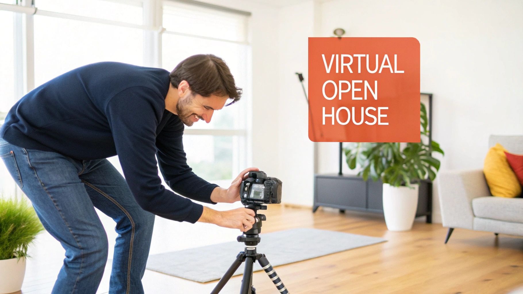 Smiling man adjusts a camera on a tripod for a virtual open house tour in a bright room.