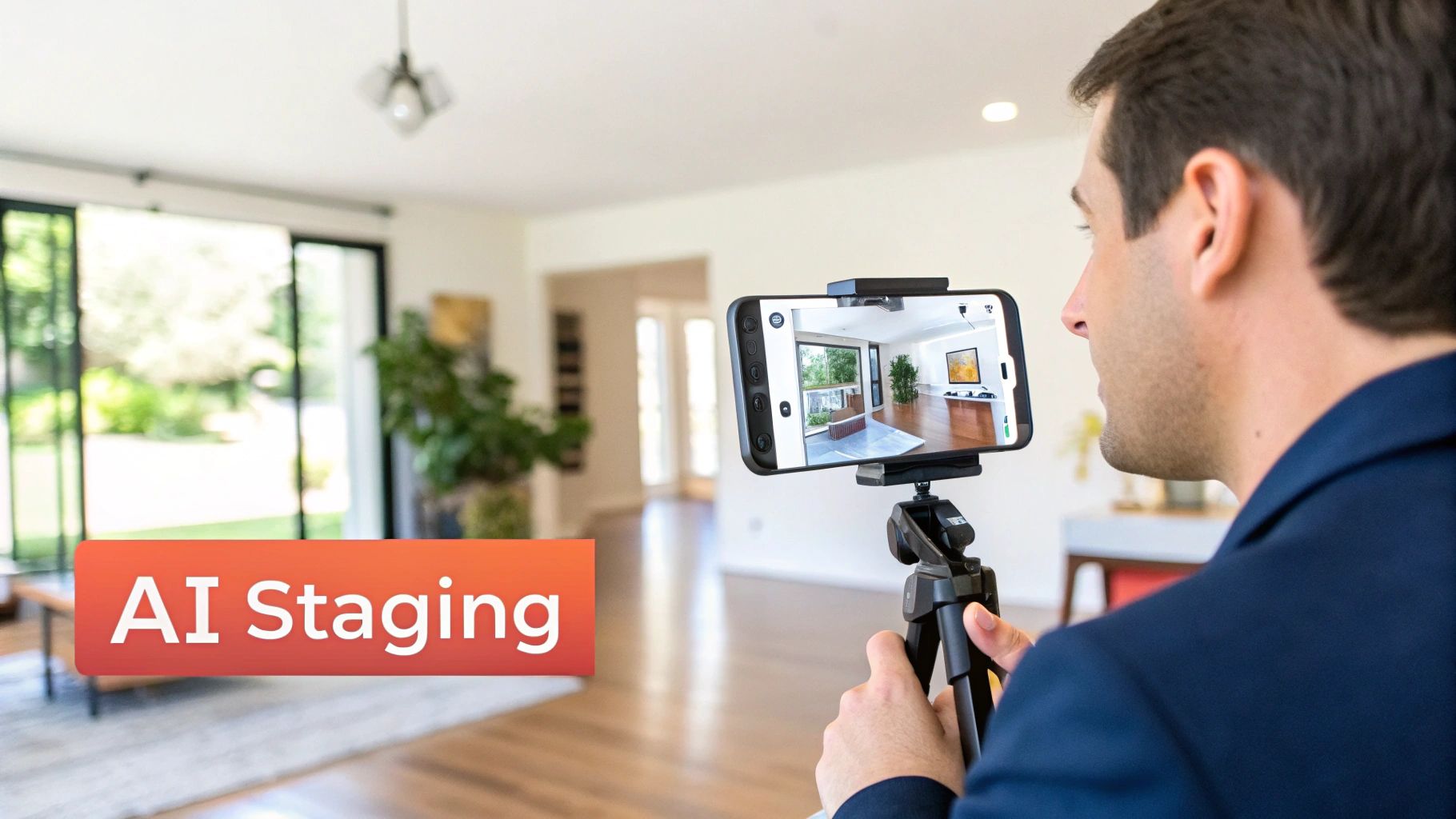 Man uses a smartphone on a tripod to virtually stage an empty room with AI technology.