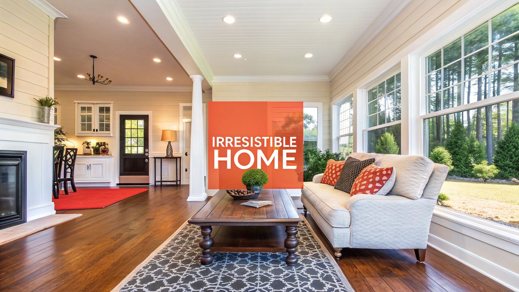 A bright, inviting open-concept home interior with a living room, fireplace, and kitchen area, featuring large windows with a view of trees.