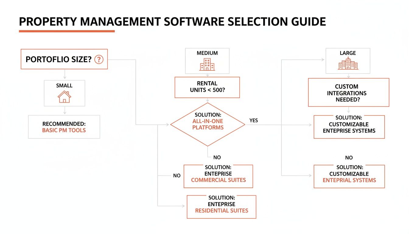 Decision guide flowchart for selecting property management software by portfolio size (small, medium, large).