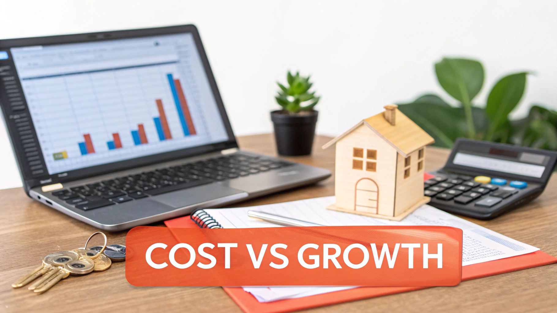 A desk with a laptop showing a bar chart, a house model, calculator, keys, and 'COST VS GROWTH'.