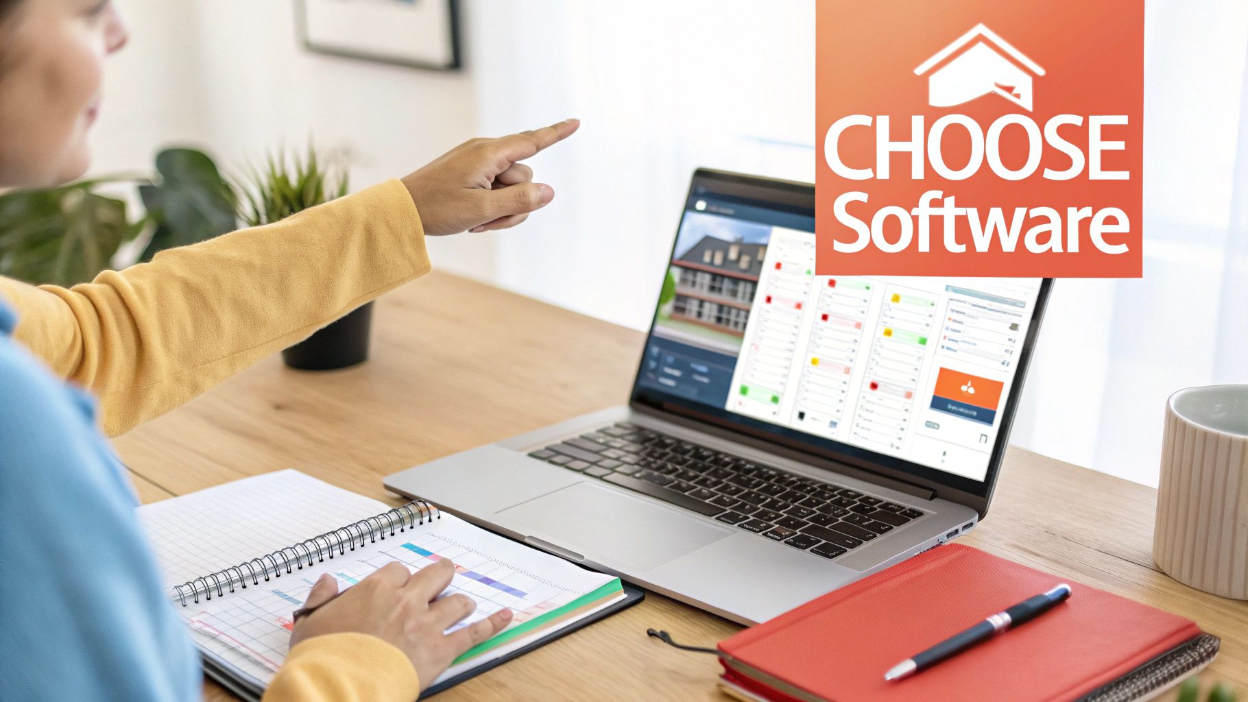 Person pointing at a laptop screen comparing property management software, with a 'CHOOSE Software' logo.
