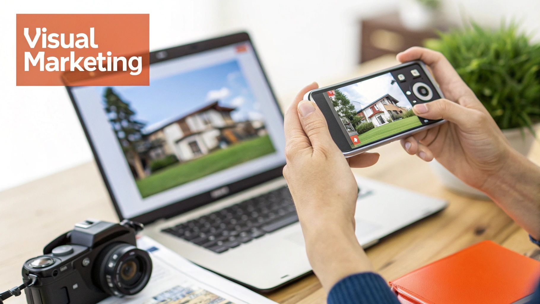 Hands holding a smartphone displaying a house photo, with a laptop and camera on a desk, promoting visual marketing.