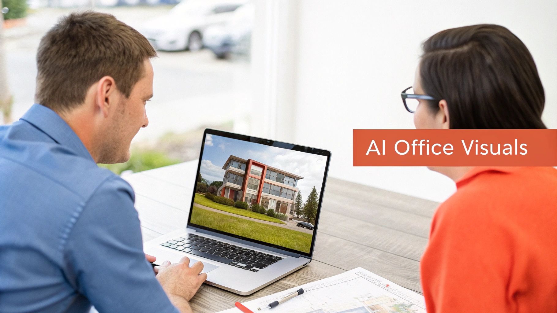 Two people reviewing a modern building design on a laptop, with 'AI Office Visuals' text overlay.