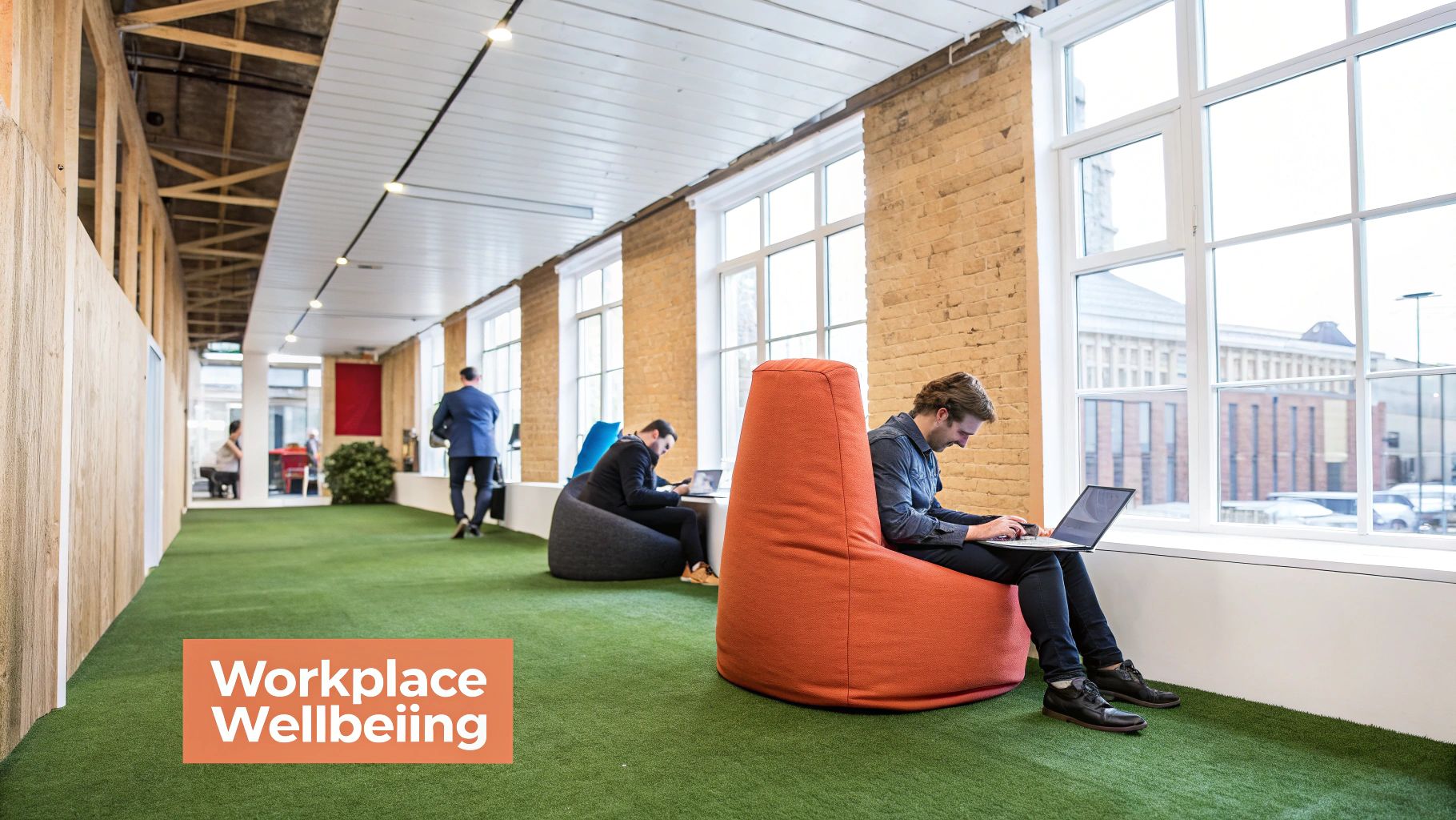People working in a modern, open-plan office with artificial grass flooring and bean bag chairs.