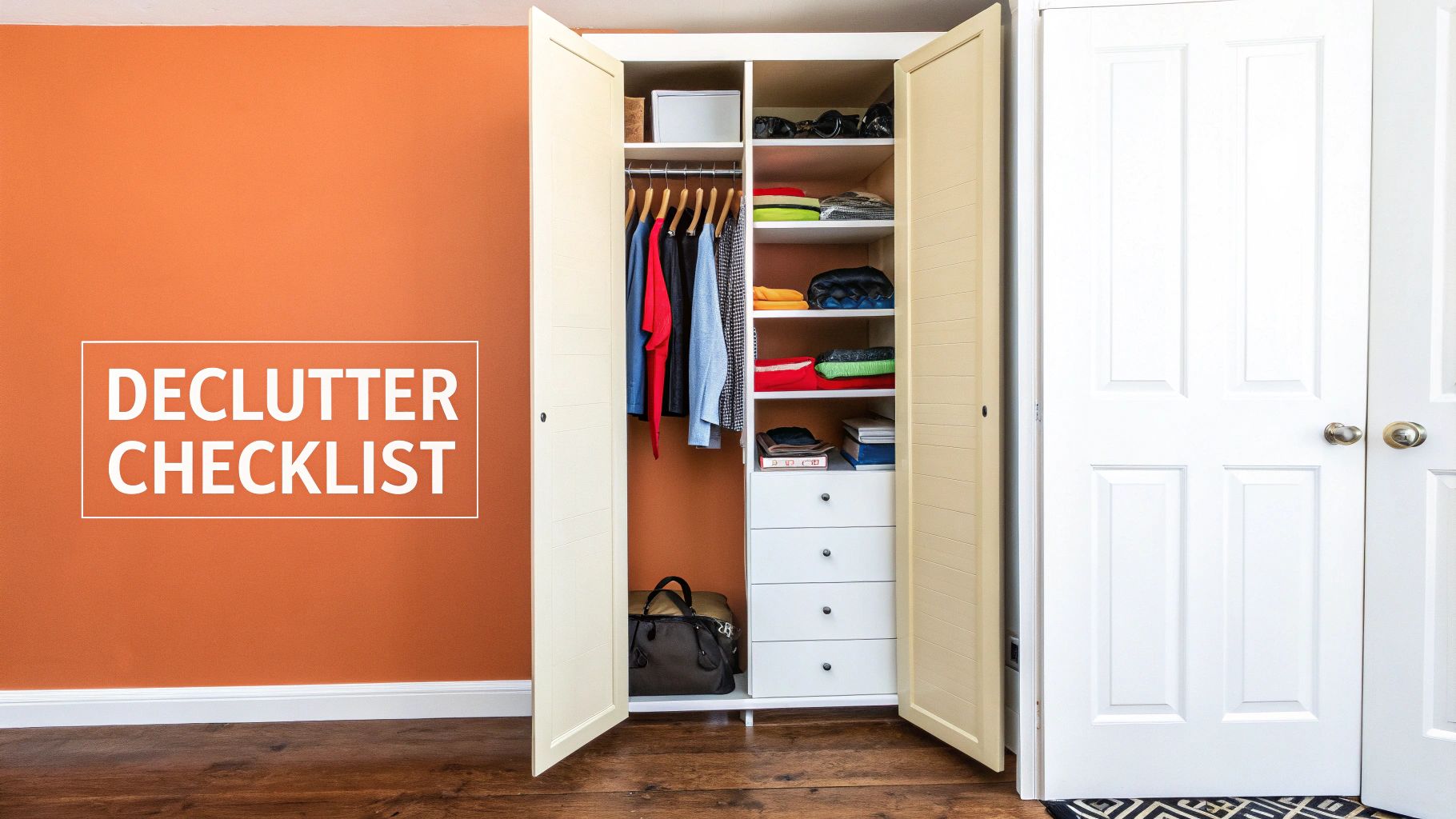 An open, organized closet with clothes and shelves next to an orange wall featuring a 'DECLUTTER CHECKLIST' sign.