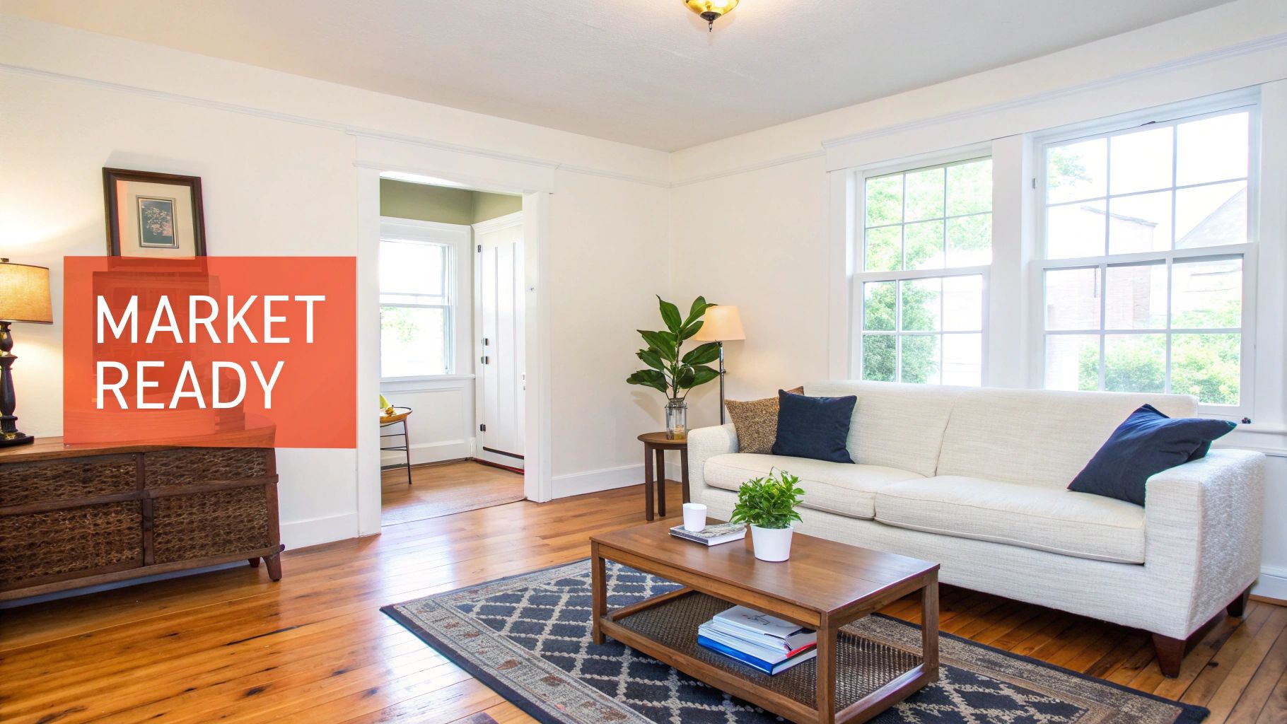 A bright 'Market Ready' living room featuring a white sofa, wood floors, and warm lighting.