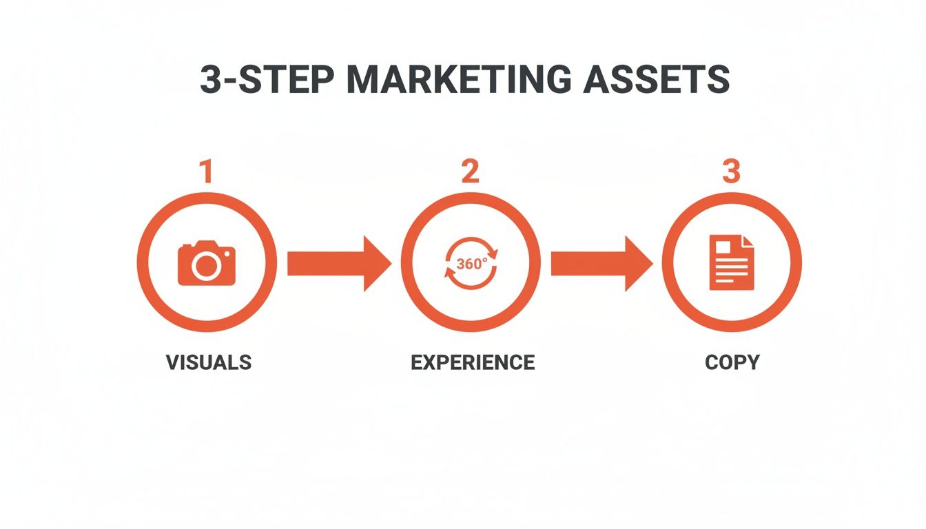 A three-step marketing process flow showing visuals, experience, and copy with corresponding icons.