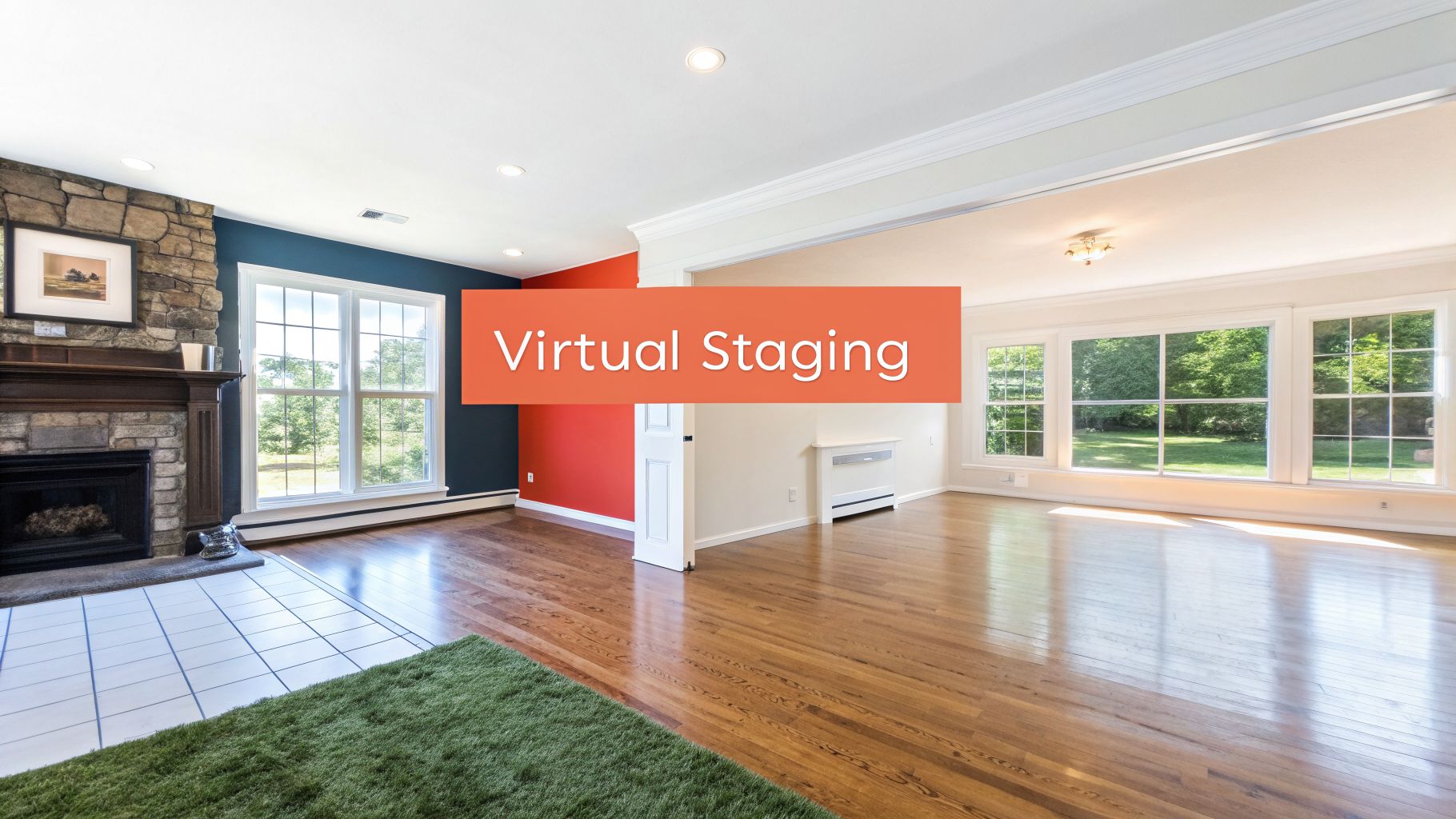 An empty living room with a stone fireplace, hardwood floors, large windows, and a 'Virtual Staging' overlay.