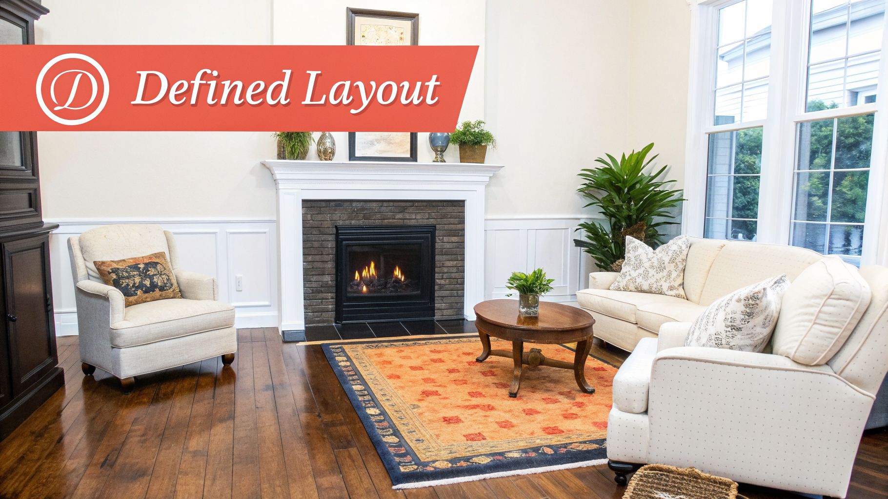 A warm and inviting living room featuring a cozy fireplace, comfortable furniture, and an orange patterned rug.