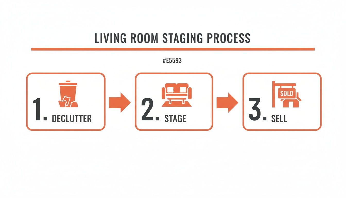 A visual guide to the living room staging process, showing decluttering, staging, and selling steps.