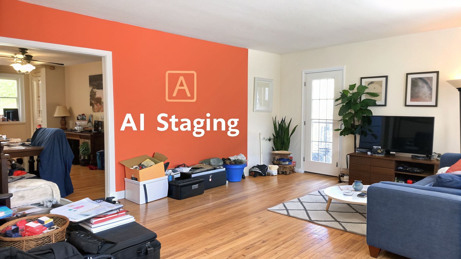 A cluttered living room with a blue couch, TV, and boxes, needing AI virtual staging.
