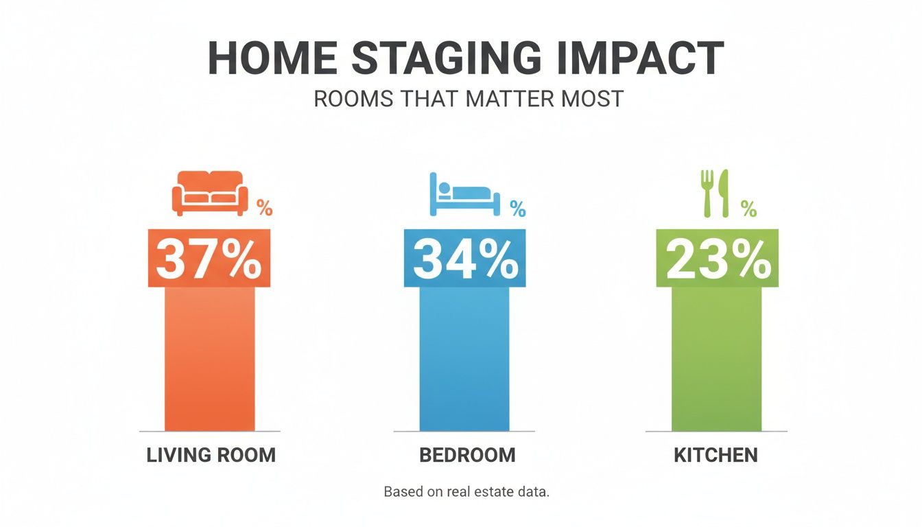 A bar chart illustrating the impact of home staging, showing living room (37%), bedroom (34%), and kitchen (23%).