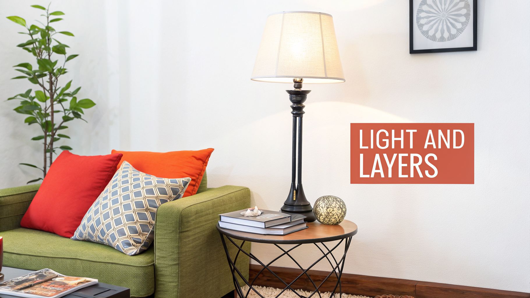 A cozy living room with a green sofa, colorful cushions, a stylish lamp, and a plant.