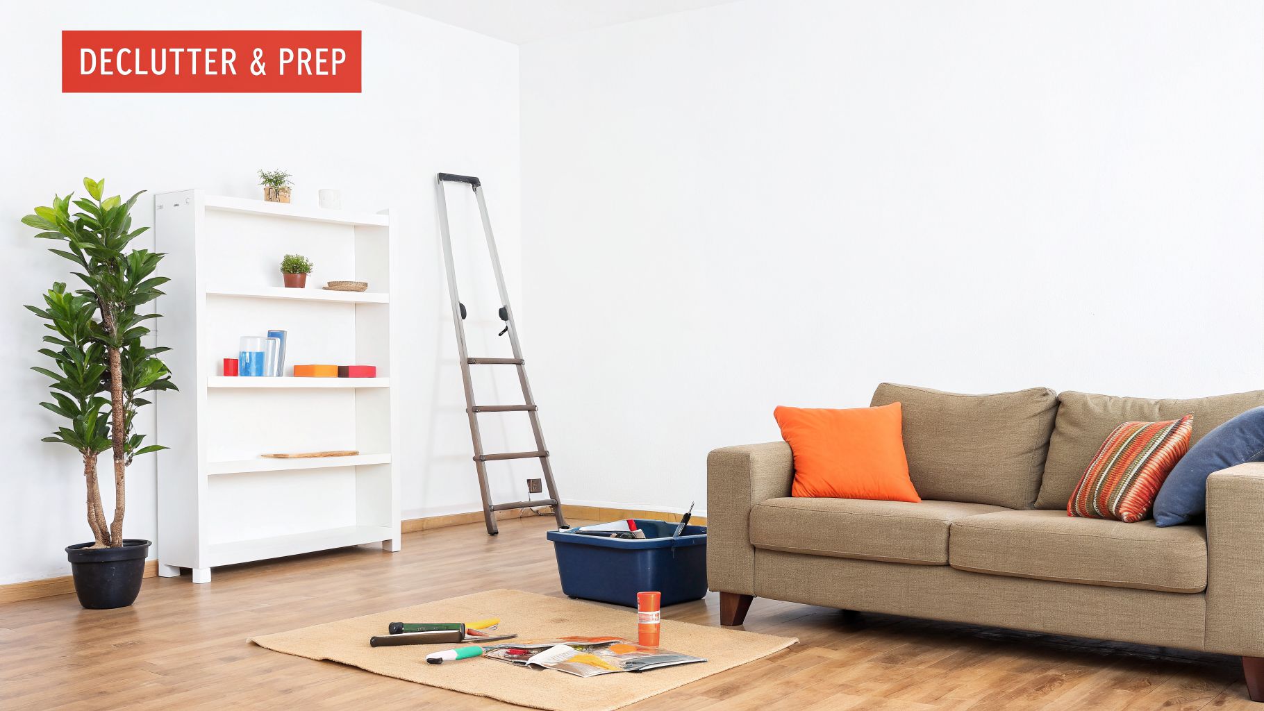 A bright living room being prepared, with a sofa, bookshelf, plant, and painting tools.