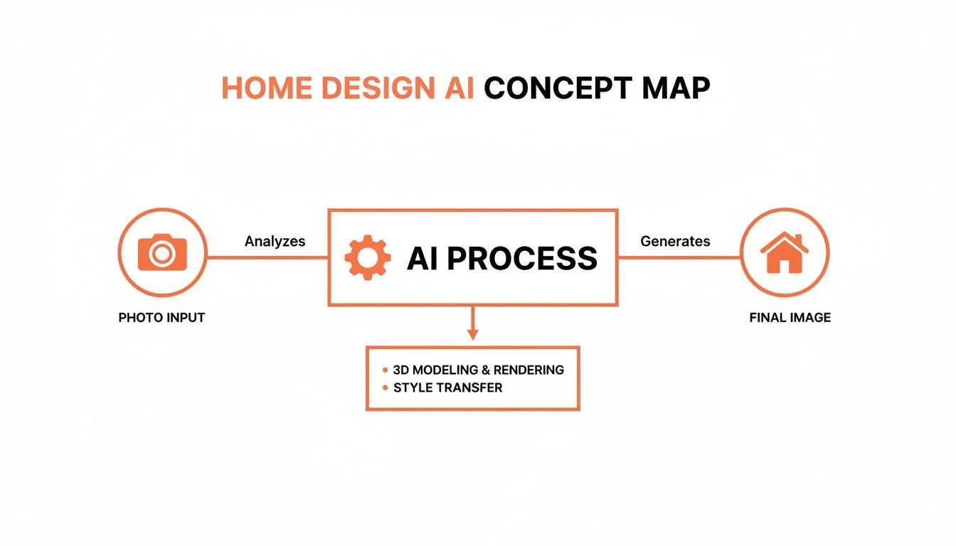 Concept map showing an AI process for home design, from photo input to a final generated image.