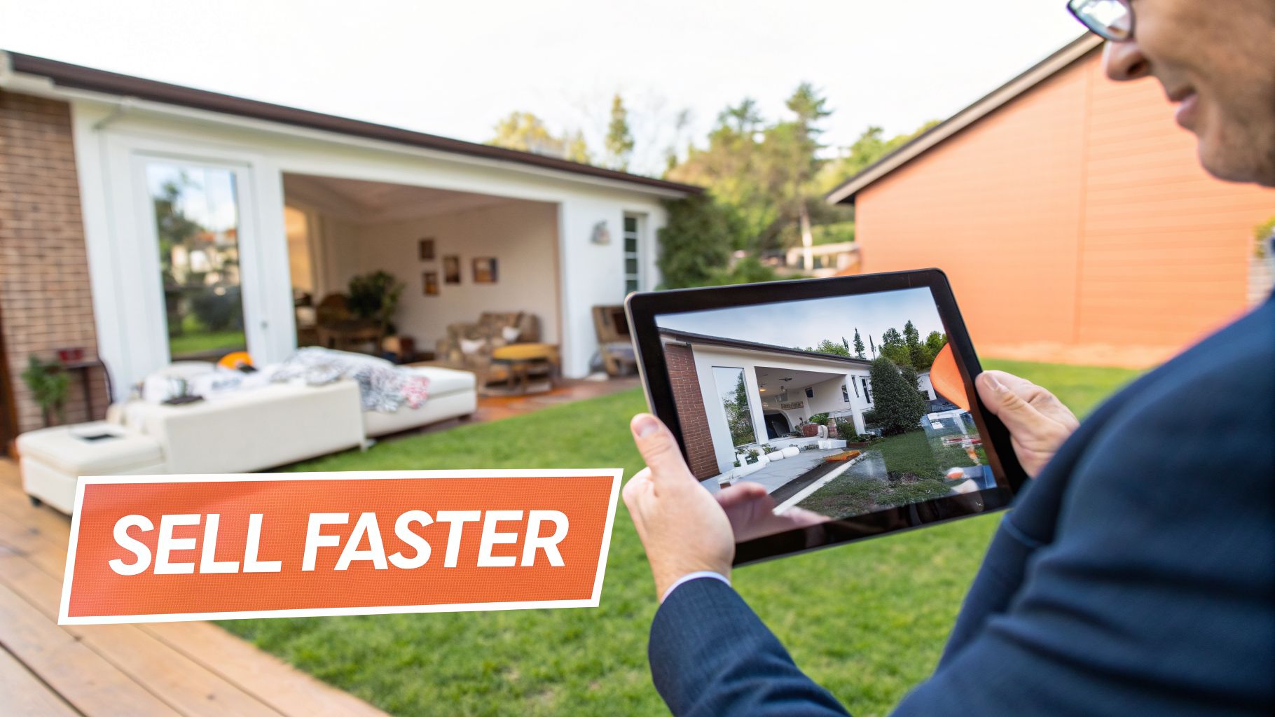 A person holds a tablet displaying a modern house for sale, with a 'SELL FASTER' sign in the foreground.