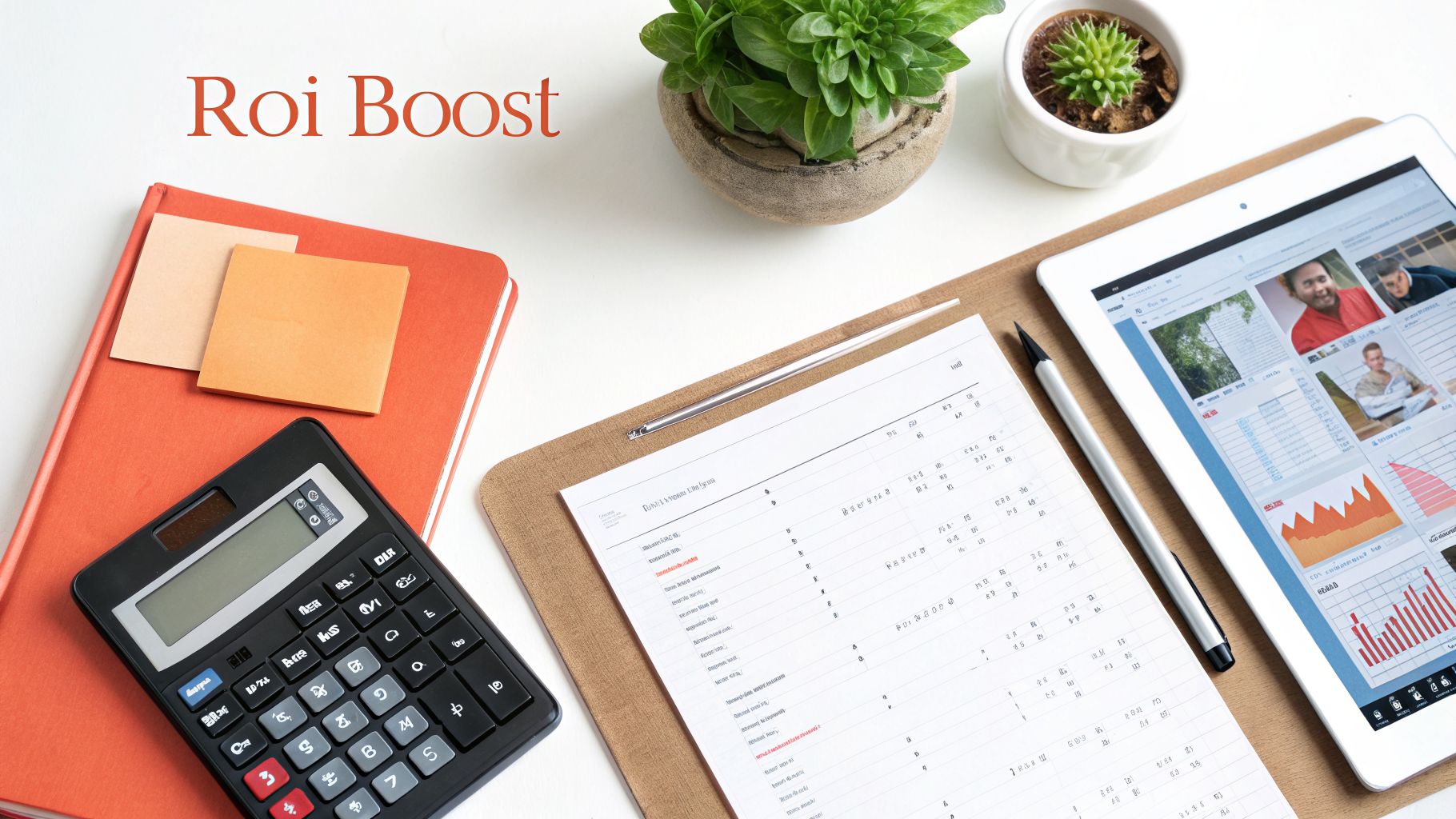 A flat lay of an office desk with a laptop, calculator, notebook, documents, and plants.