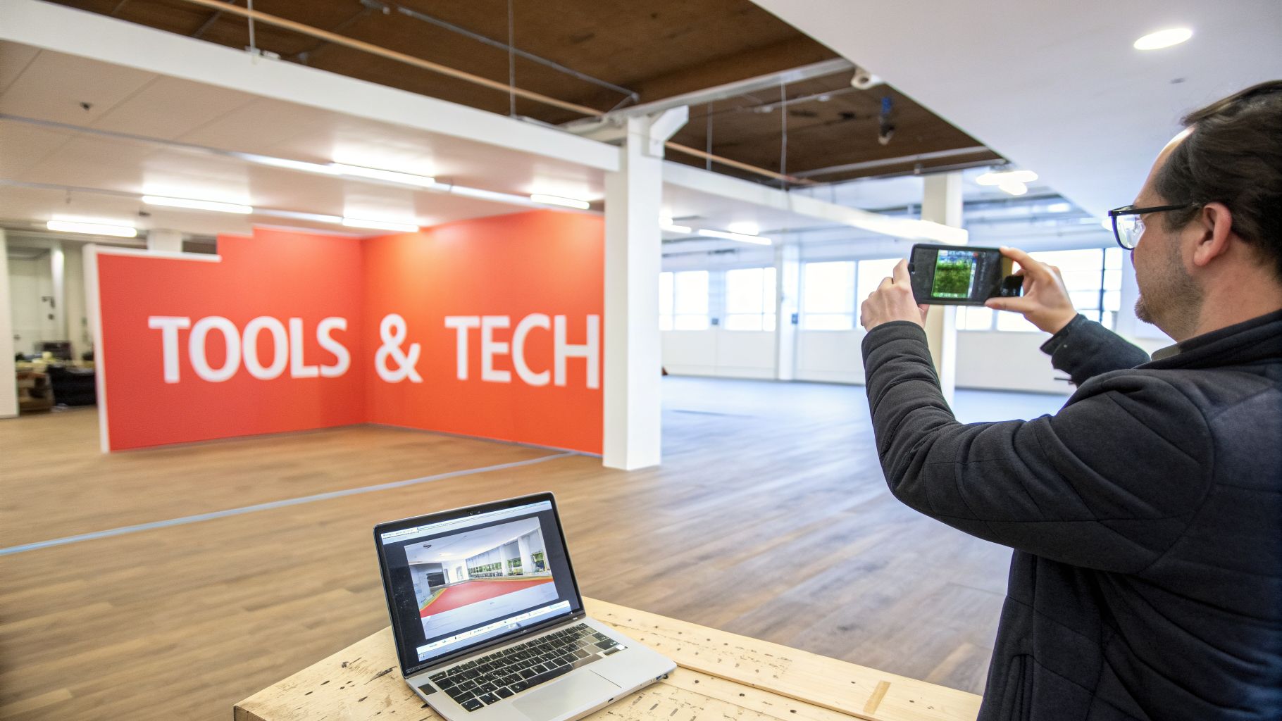 A person photographs an empty room with a 'TOOLS & TECH' wall, next to a laptop displaying a floor plan.