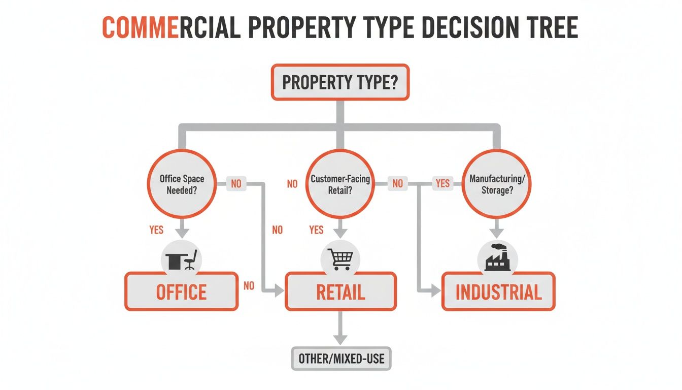 A commercial property type decision tree flowchart, guiding users to office, retail, industrial, or mixed-use properties.