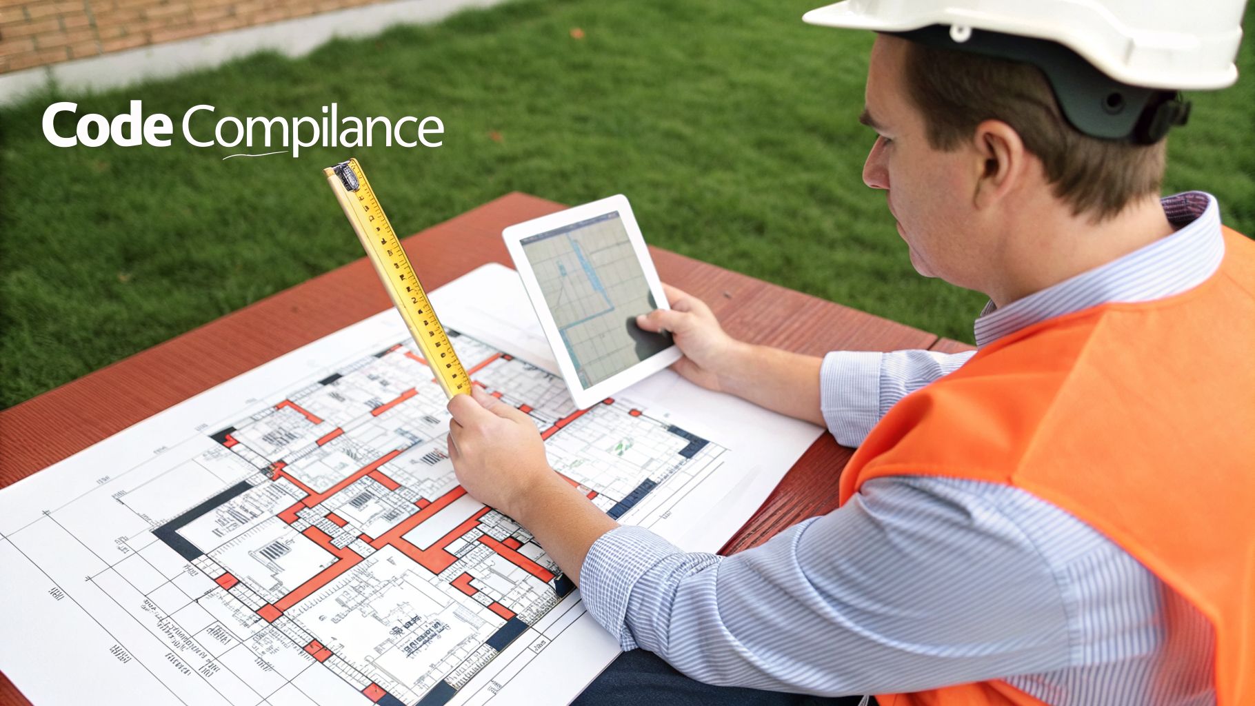 A construction worker in a hard hat reviews a floor plan with a ruler and tablet, overseeing code compliance.