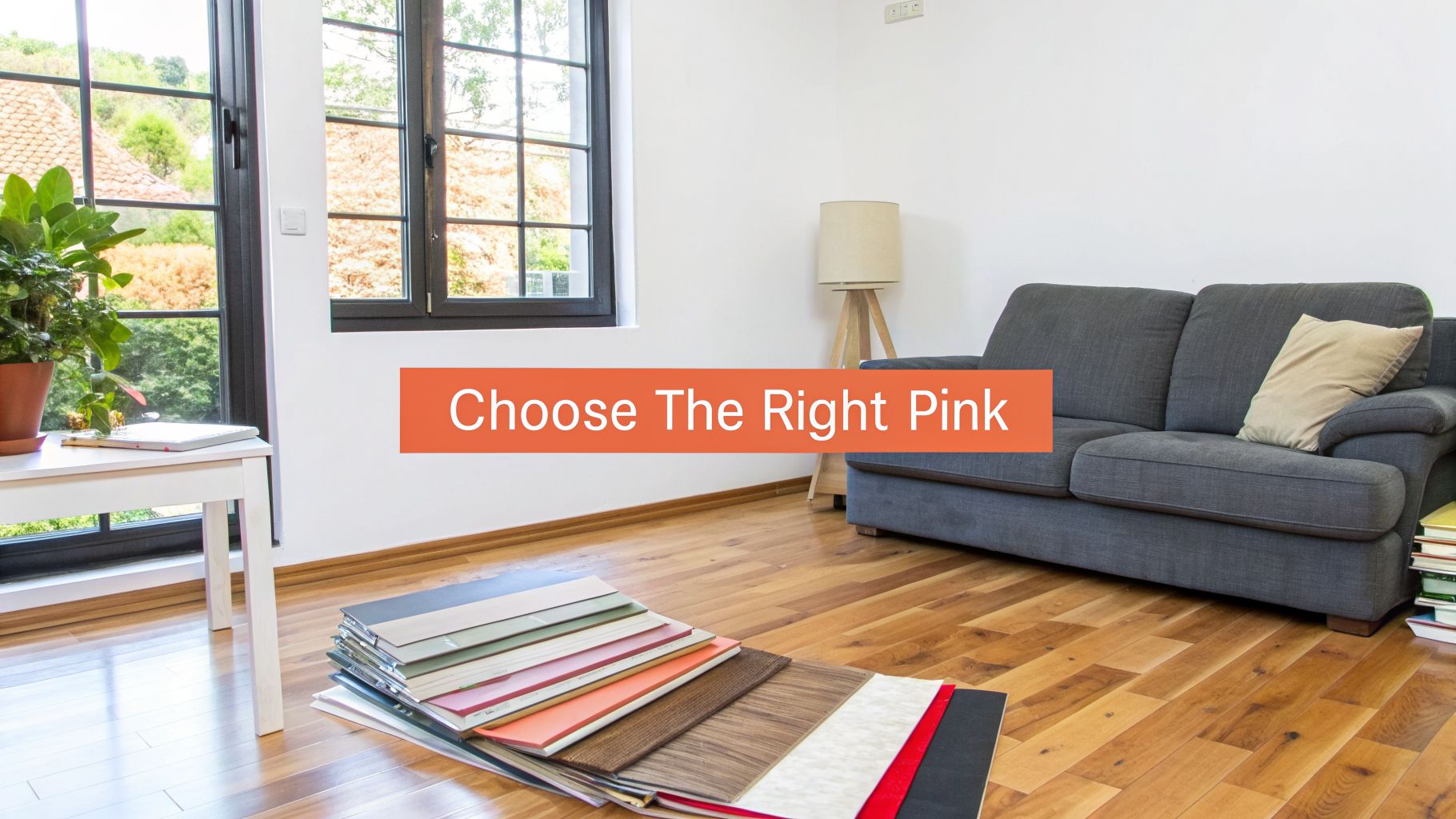 A bright living room with a gray sofa, wooden floor, and samples for interior design choices.