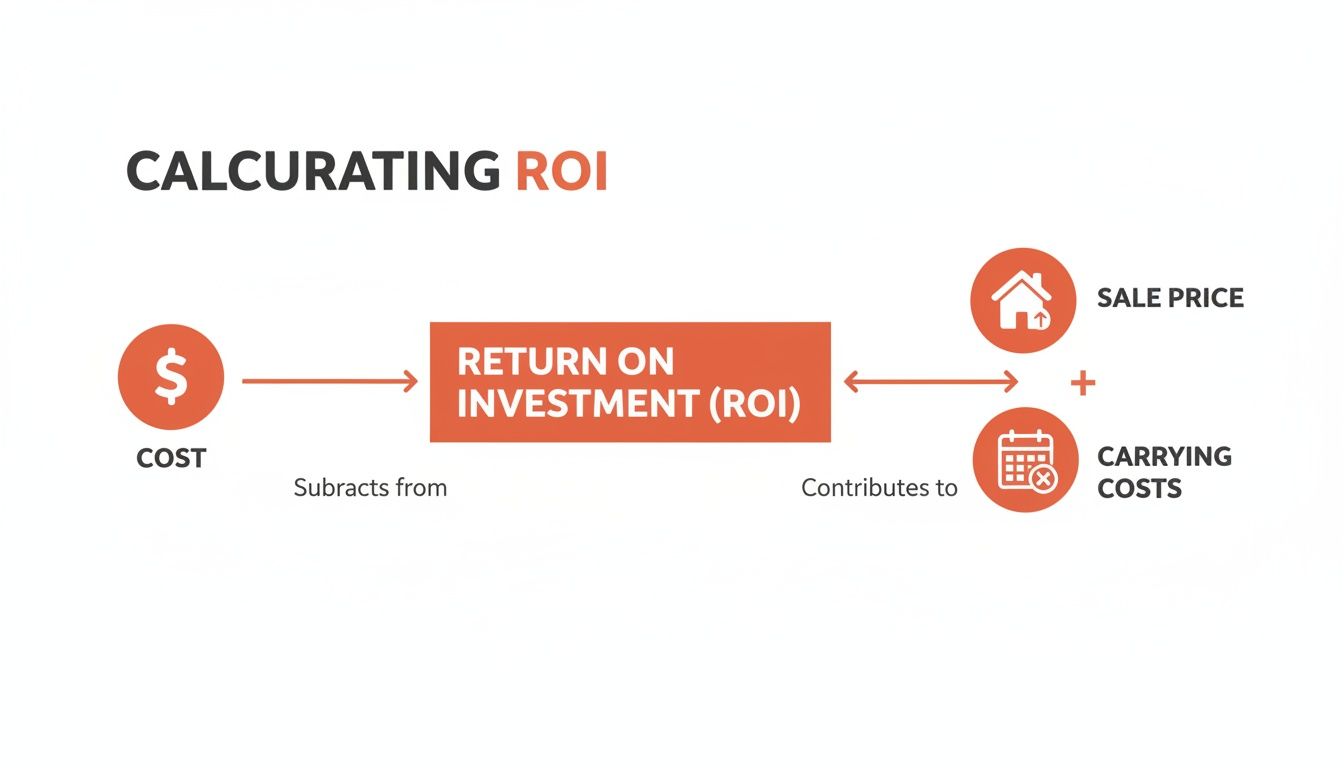 Diagram explaining Return on Investment (ROI) calculation, showing sale price, carrying costs, and total cost.