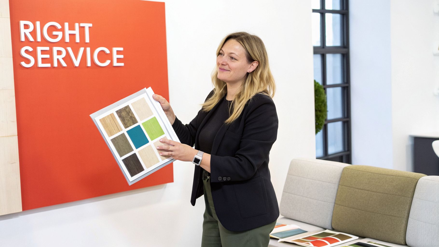 A smiling woman in a showroom holds up a sample board with various material swatches.