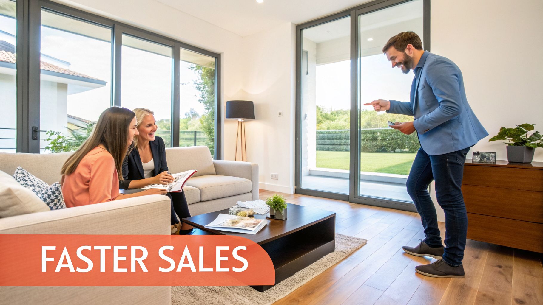 Two women and a man discussing a property or design in a bright modern living room.