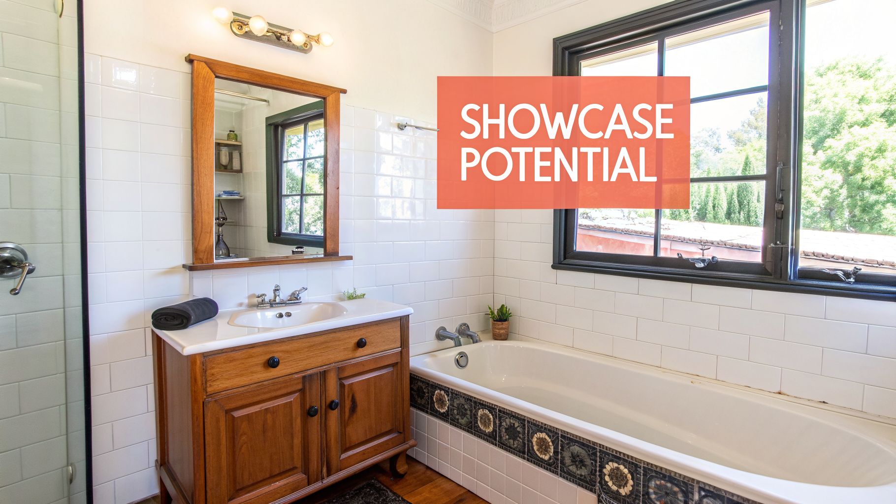 A bright classic bathroom featuring a wooden vanity, a bathtub, shower, and white subway tiles.