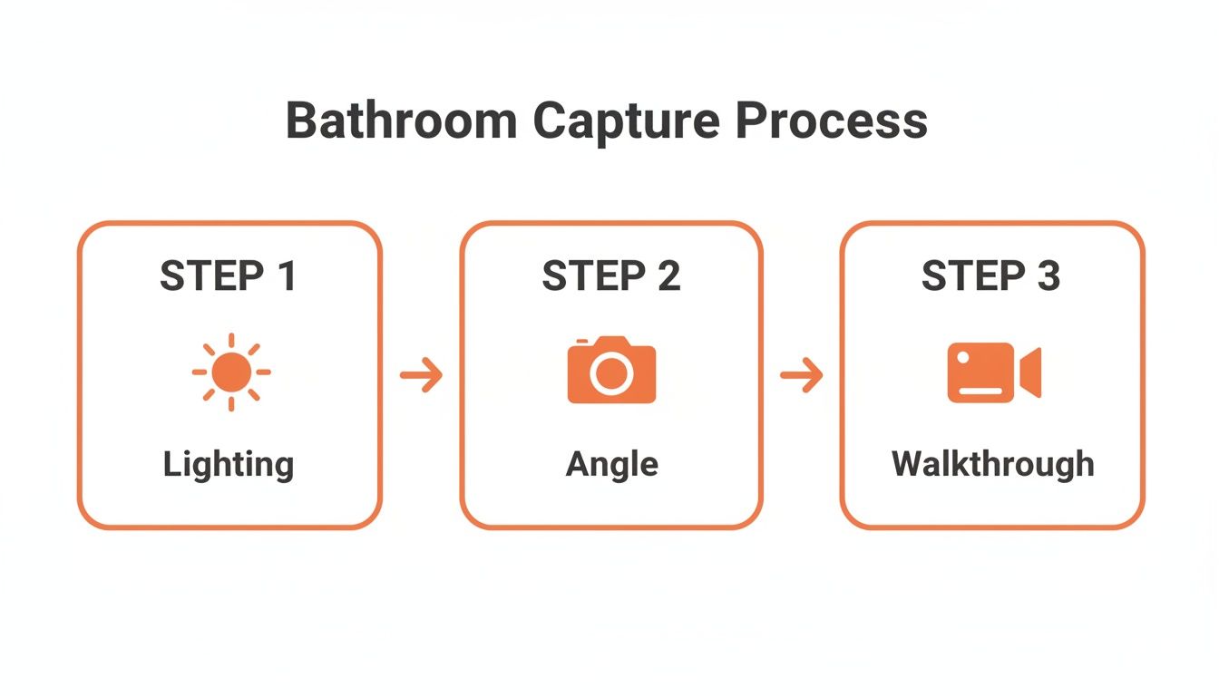 Diagram illustrating the three steps of a bathroom capture process: lighting, angle, and walkthrough.