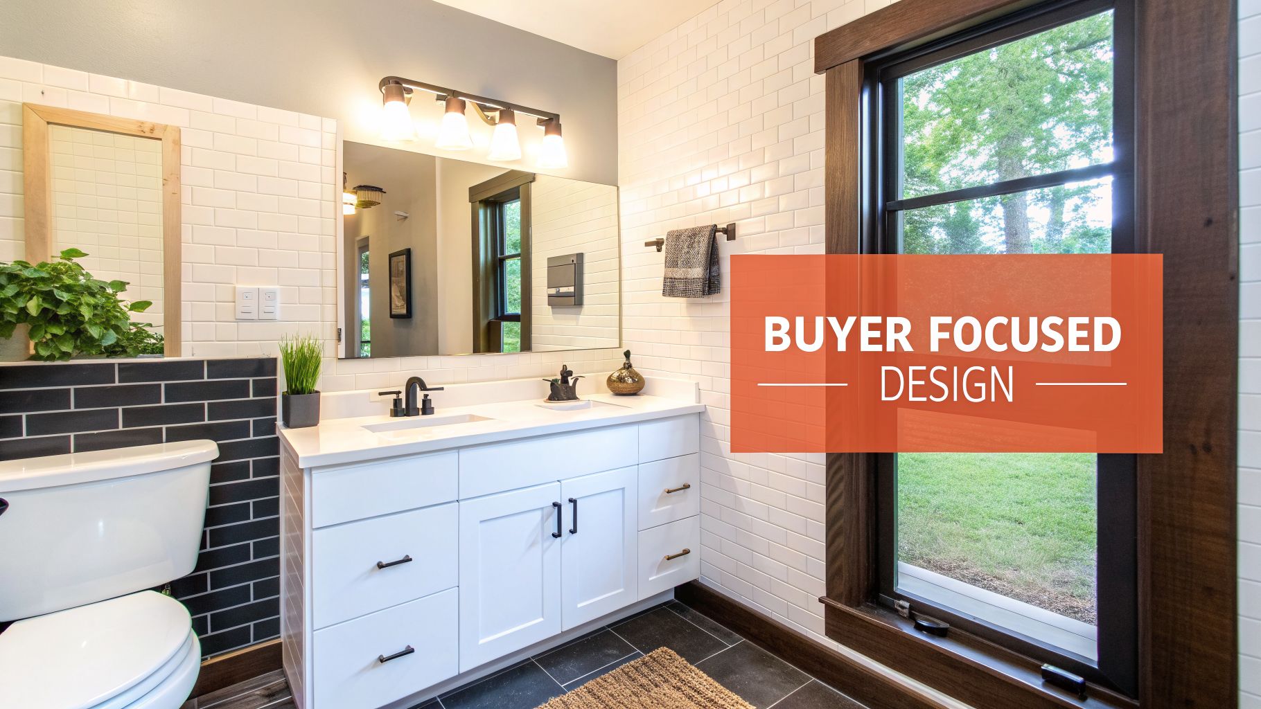 A stylish modern bathroom with white vanity, black and white subway tiles, dark fixtures, and a window.