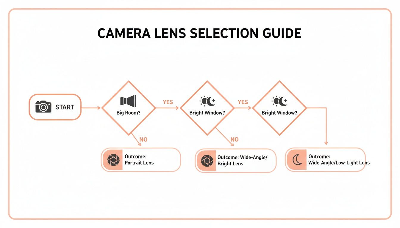 Flowchart guiding camera lens selection for real estate photography based on room size and window brightness.