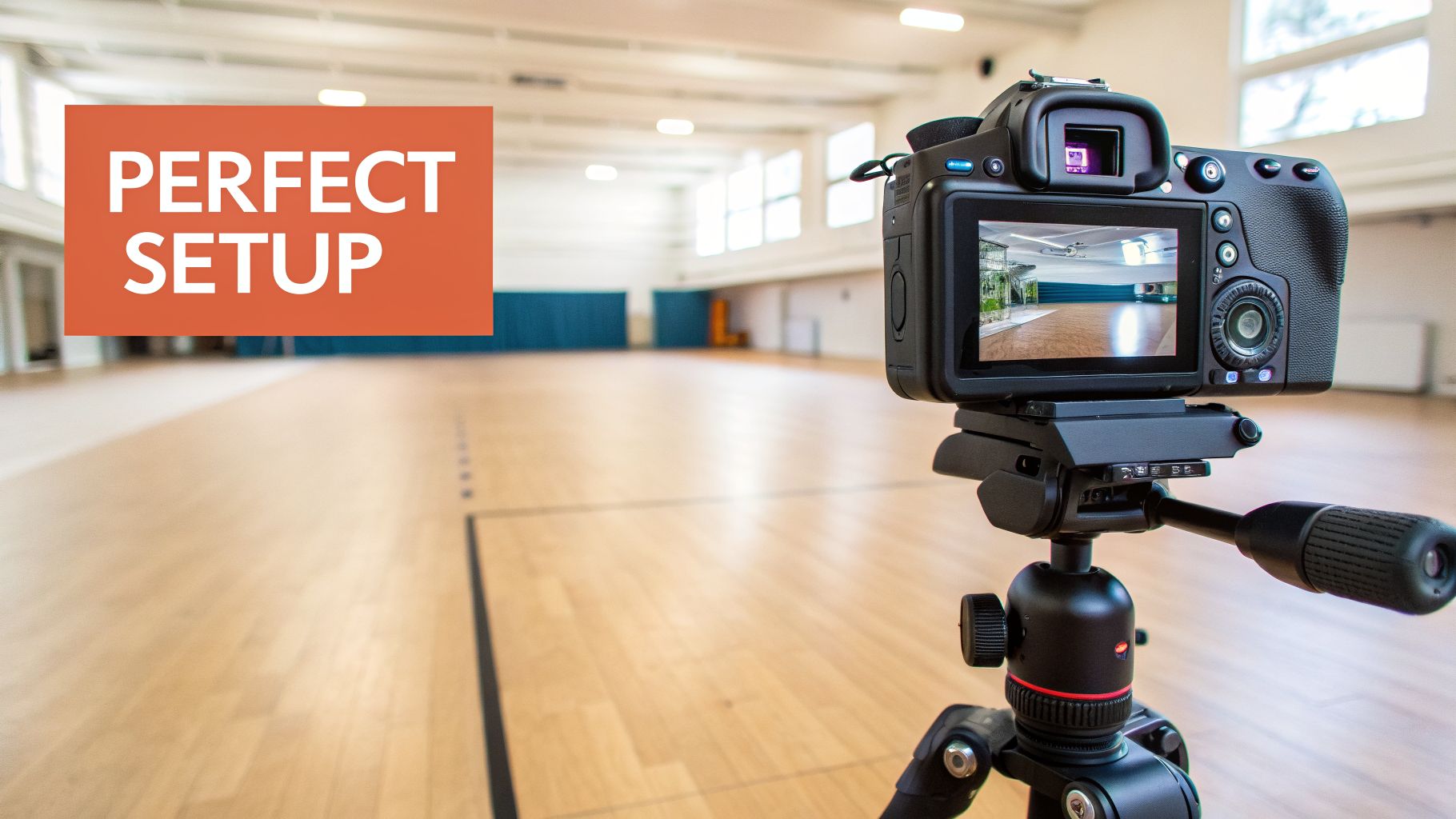 A professional camera on a tripod capturing an empty gymnasium, with 'PERFECT SETUP' text overlay.