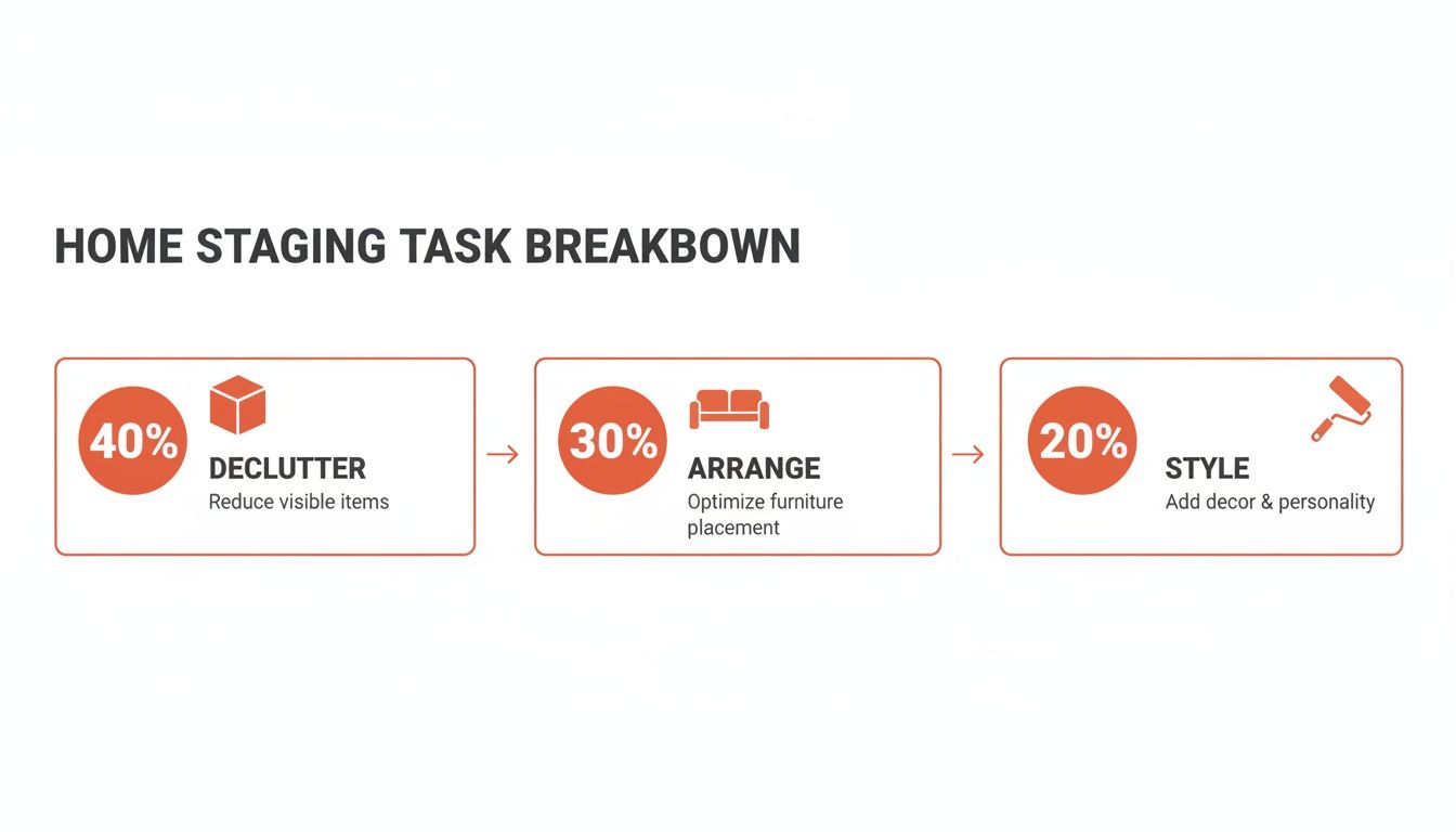 Home staging task breakdown visual: 40% declutter, 30% arrange, and 20% style.