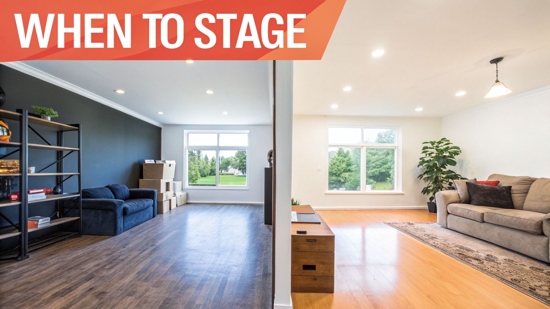 Split image comparing an unstaged, empty room with dark walls to a beautifully staged, bright room.