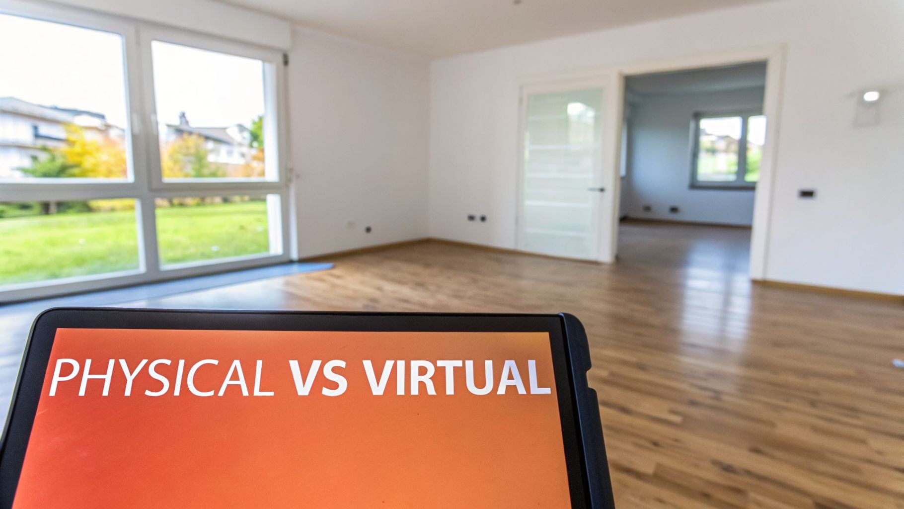 A tablet displays 'PHYSICAL VS VIRTUAL' on an orange screen in an empty room with wooden floors and large windows.