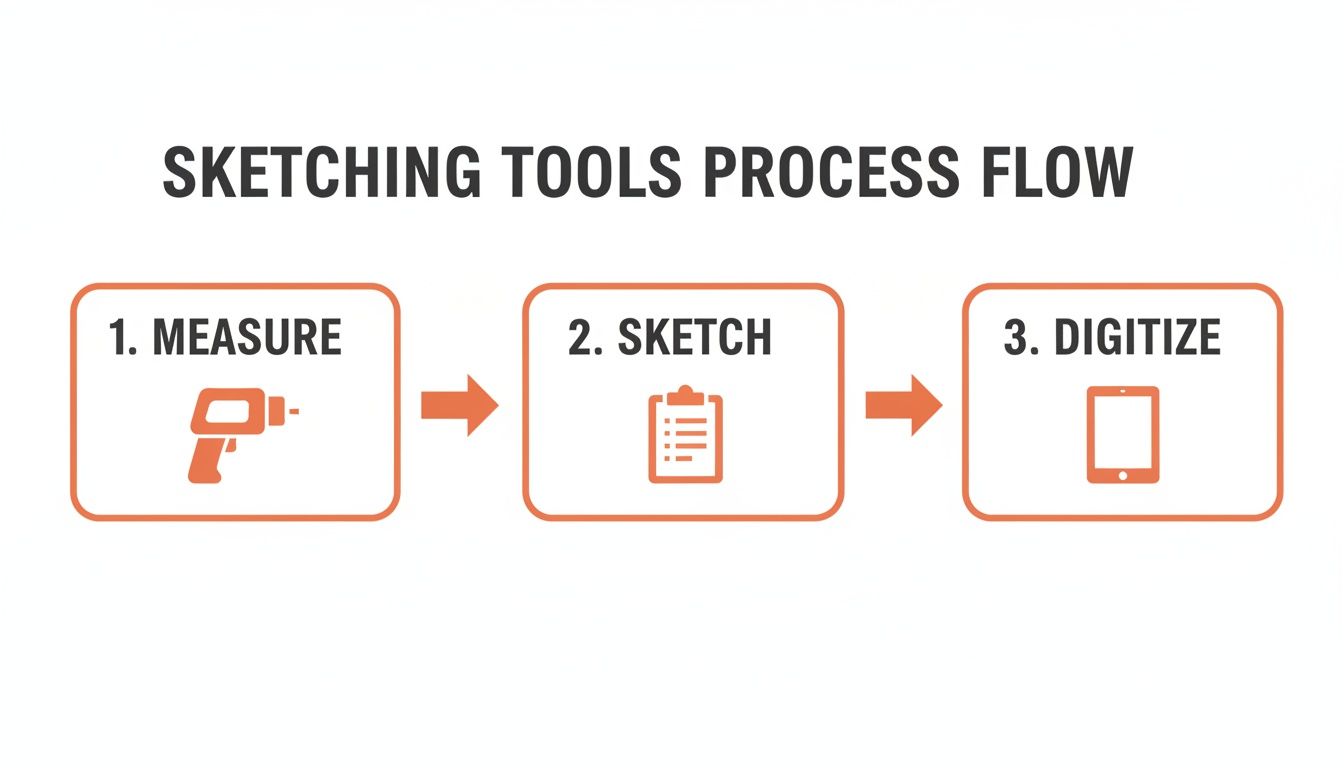 A three-step process flow for sketching tools: Measure, Sketch, and Digitize using a tablet.