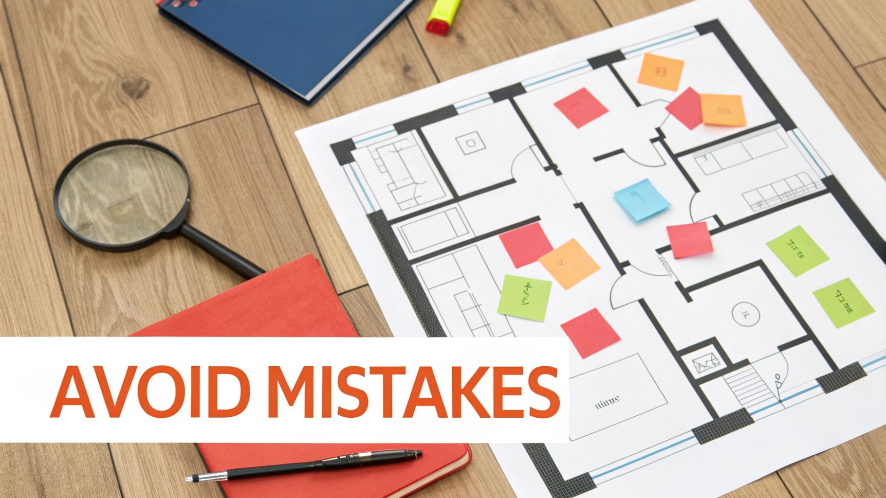 A wooden desk with a floor plan, colorful sticky notes, a magnifying glass, and a pen, overlaid with 'AVOID MISTAKES'.