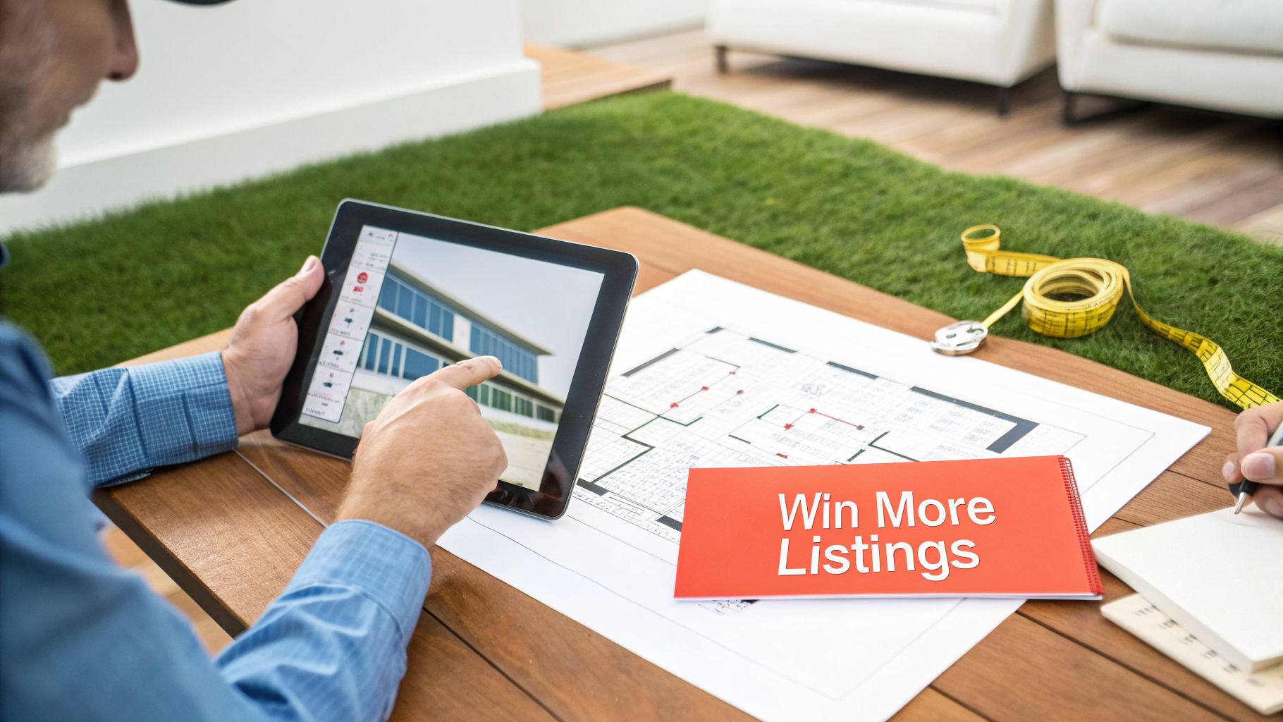 A person uses a tablet to view a 3D building model next to a floor plan and notes.