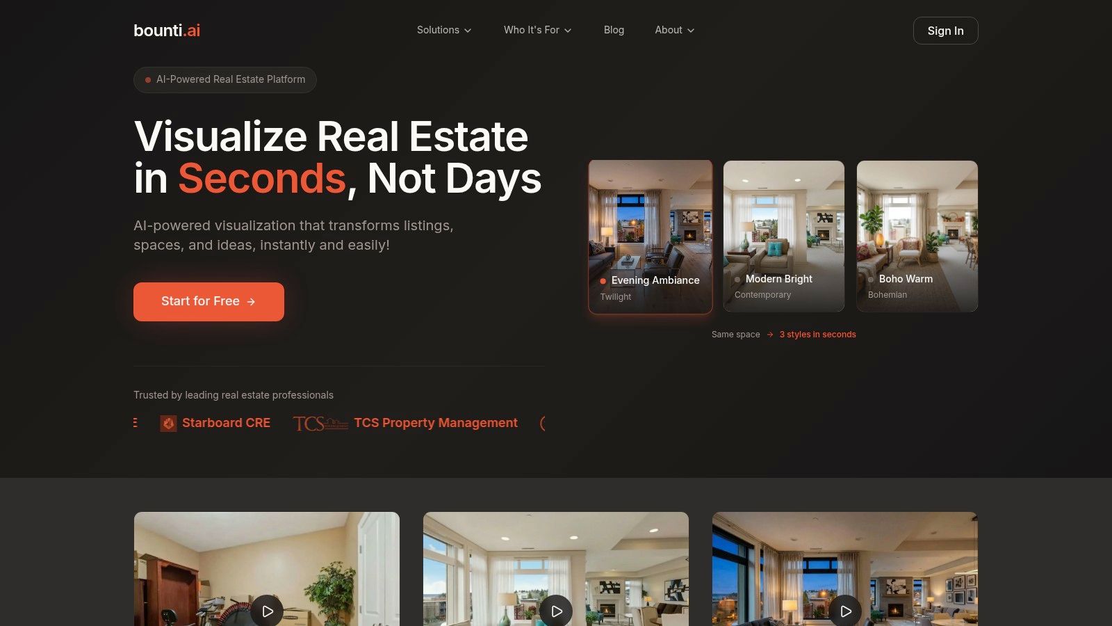 An AI-generated interior design from Bounti Labs, showing a modern, staged living room with clean lines and neutral tones, demonstrating the app's capability for creating appealing home designs.