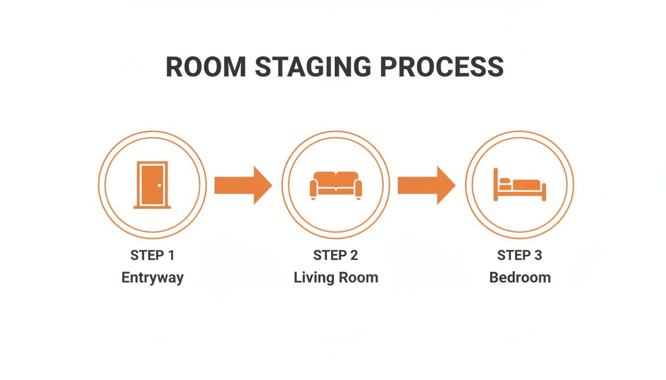 An infographic illustrating a three-step room staging process for entryway, living room, and bedroom.